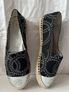 CHANEL metallic silver & black logo Canvas and Leather Espadrille Flats